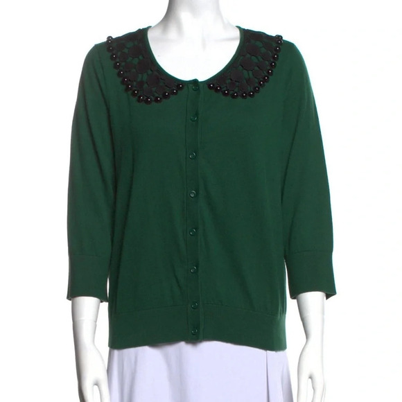 KATE SPADE‎ Bead Embroidered Accents Scoop Neck Elbow Sleeves Sweater Cardigan - Picture 1 of 8